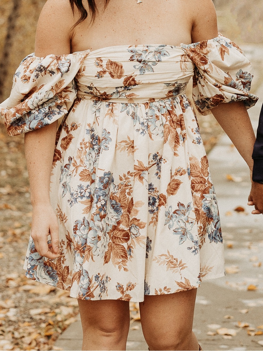 Abercrombie & Fitch Cream Floral Off-Shoulder Dress with Puff Sleeves
